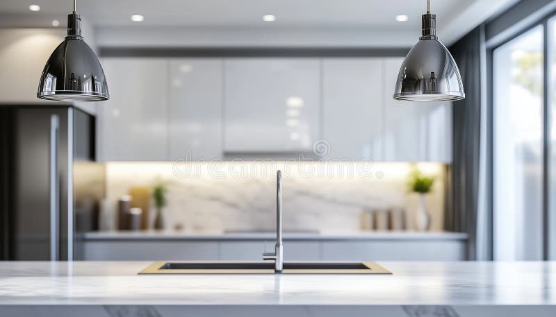 Blurred Image Of Contemporary Kitchen With Stylish Pendant Lights And White Marble Countertops stock image