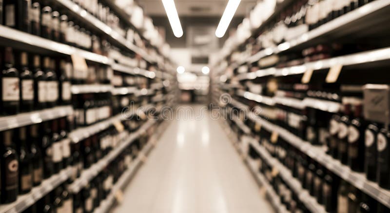 Blurred image of a supermarket aisle with shelves lined with wine bottles. The royalty free illustration