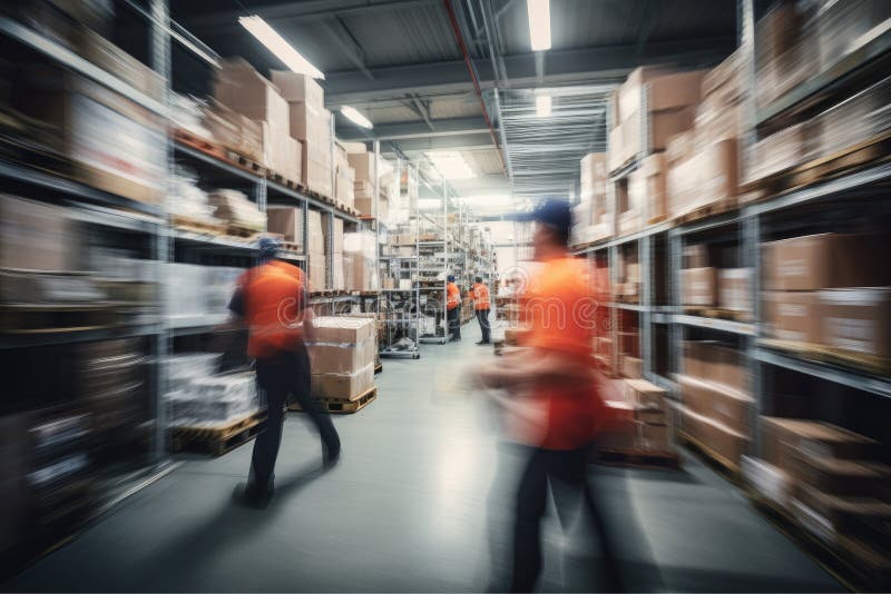 Blurred Image of Warehouse Employees in Action Moving, AI Generative