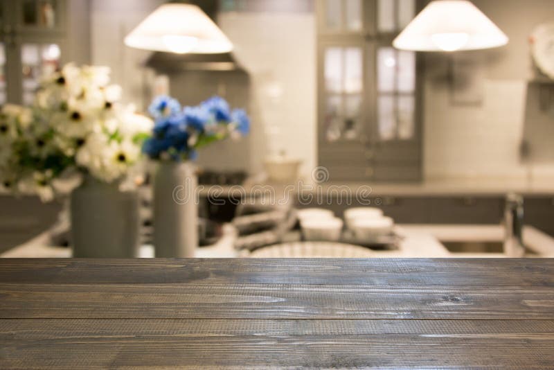 Blurred Kitchen Background. Modern Kitchen with Tabletop and Space for