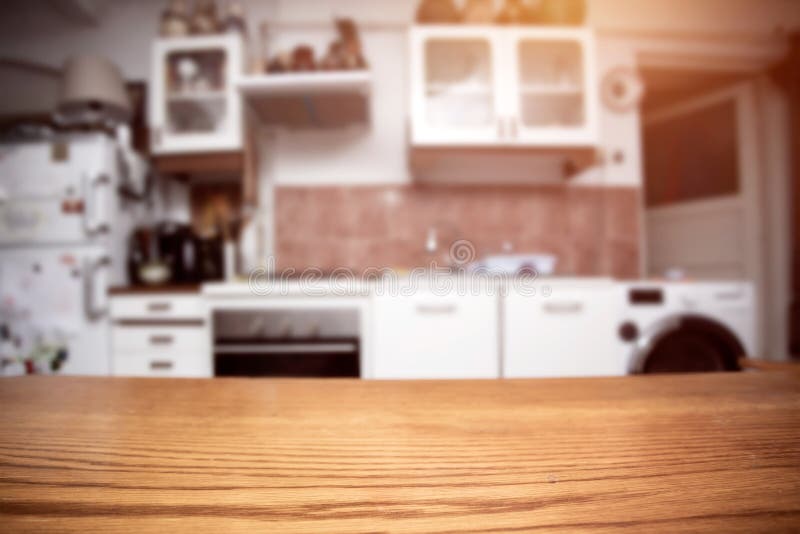 Blurred Kitchen Interior with Desk Space Stock Image - Image of ...