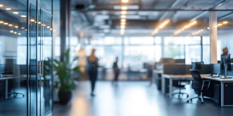 Blurred office interior shows people working. Modern open-plan workspace with desks, computers. Natural light fills office space. stock illustration