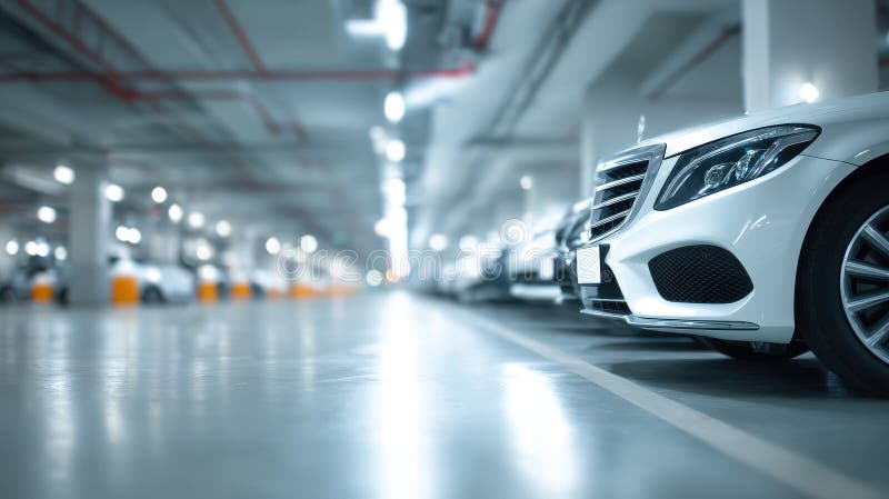 Blurred shot of smooth surfaced underground parking garage emphasizing white vehicles and lighting a high resolution image stock illustratie