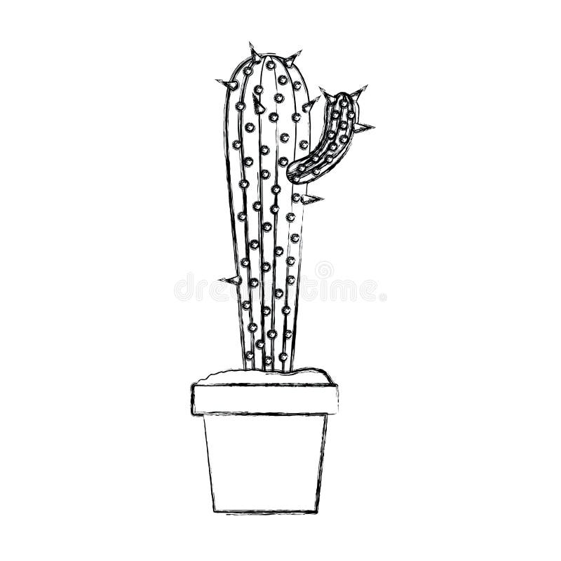 Blurred Silhouette Cactus with Small Branch in Pot Stock Vector