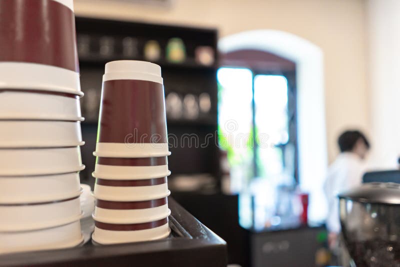 Blurred Stack Paper Cup at Coffee Shop Stock Image Image of close