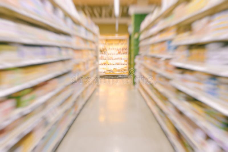 Blurred Supermarket or Warehouse for Background with Zoom Effect Stock