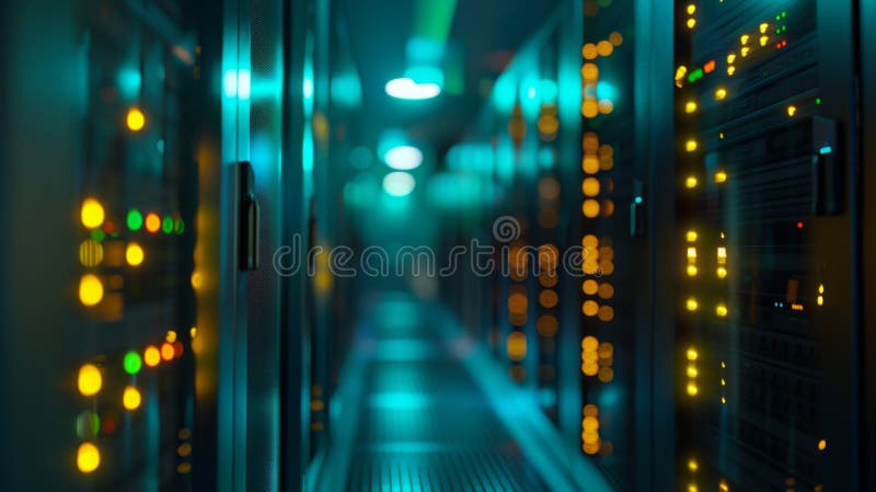 Blurred view of a data center with rows of server racks illuminated by blue and yellow LED lights.. stock photography.