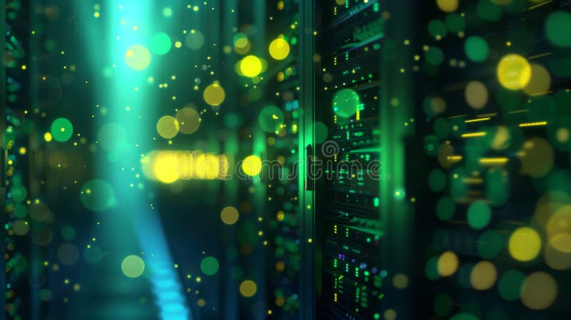 Blurred view of a data center with rows of server racks illuminated by blue and yellow LED lights.. royalty free stock image.