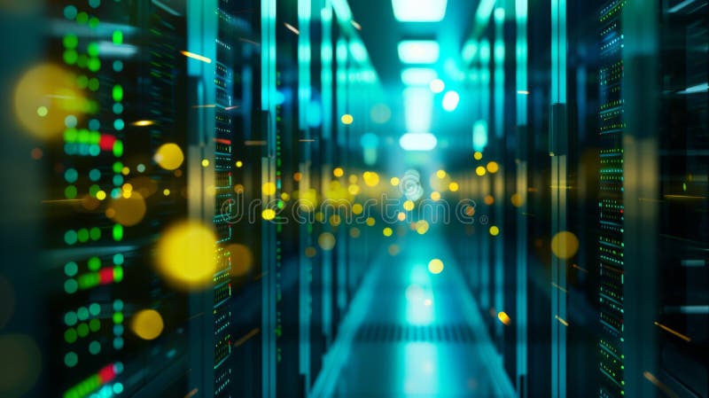 Blurred view of a data center with rows of server racks illuminated by blue and yellow LED lights.. stock photo.