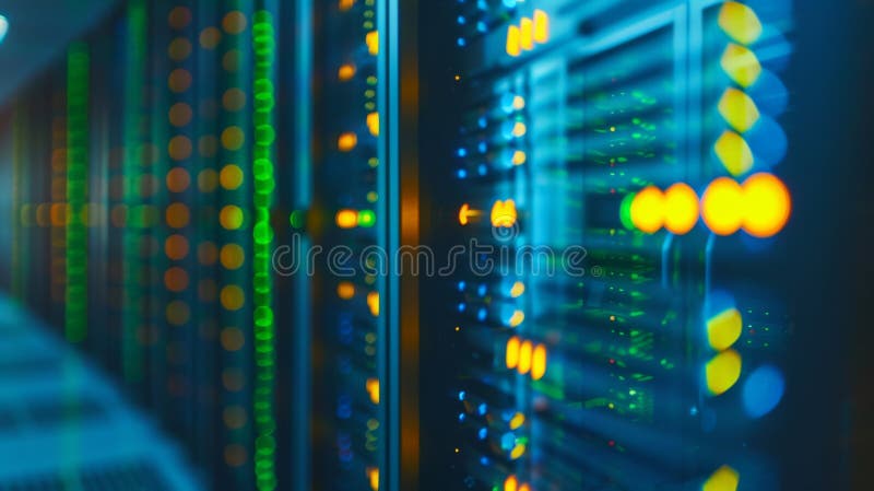 Blurred view of a data center with rows of server racks illuminated by blue and yellow LED lights.. royalty free stock image.