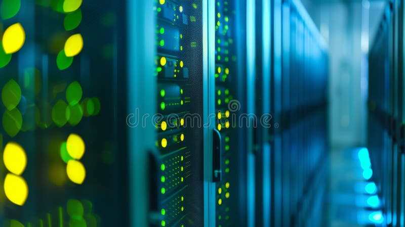 Blurred view of a data center with rows of server racks illuminated by blue and yellow LED lights.. stock photo.