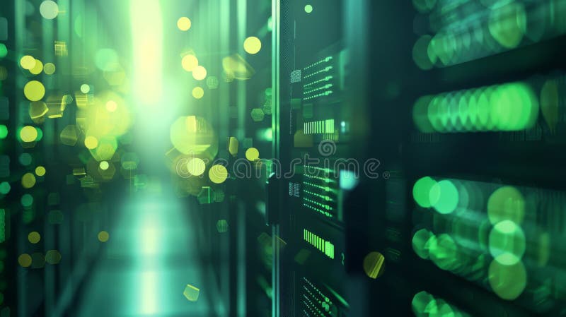 Blurred view of a data center with rows of server racks illuminated by blue and yellow LED lights.. AI generated