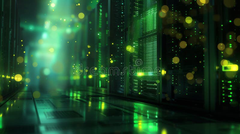 Blurred view of a data center with rows of server racks illuminated by blue and yellow LED lights.. royalty free stock photography.