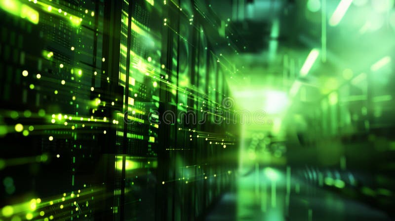 Blurred view of a data center with rows of server racks illuminated by blue and yellow LED lights.. stock photos.