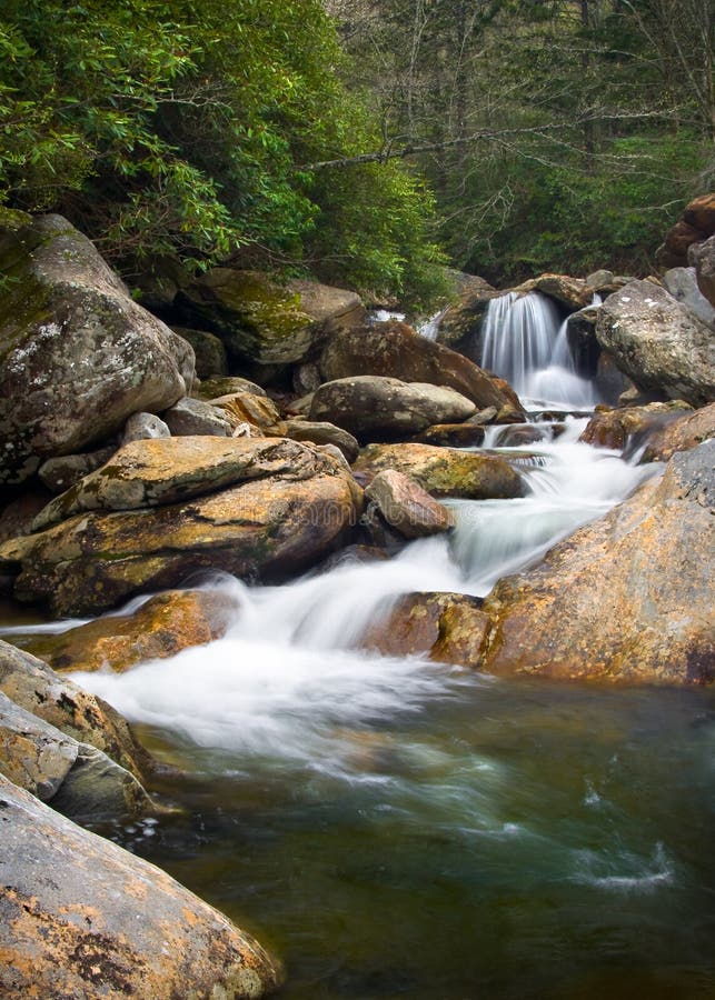 Motion Blur, Vodopády, Příroda Krajina v Blue Ridge Mountains se zelenými stromy, rezavé přírodní oranžové skály a tekoucí vody.