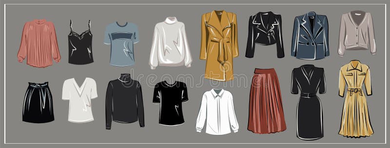 White blouse, powdery silk shirt, a black and white turtleneck, leather skirt, fall long skirt, black lace top. Oversize. Fashion. The basic wardrobe of a minimalist. Autumn clothes. Set. Isolated. White blouse, powdery silk shirt, a black and white turtleneck, leather skirt, fall long skirt, black lace top. Oversize. Fashion. The basic wardrobe of a minimalist. Autumn clothes. Set. Isolated.