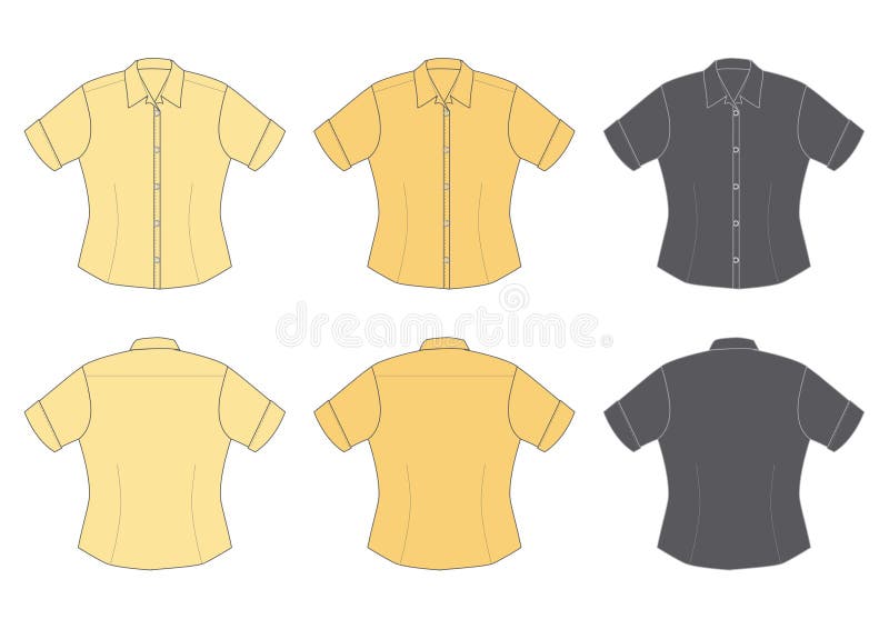 Woman's blouse, short sleeve, three different colours, front and back view. Woman's blouse, short sleeve, three different colours, front and back view.
