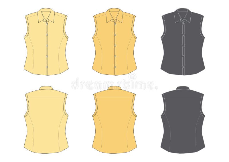 Woman's blouse, sleeveless, three different colours, front and back view. Woman's blouse, sleeveless, three different colours, front and back view.