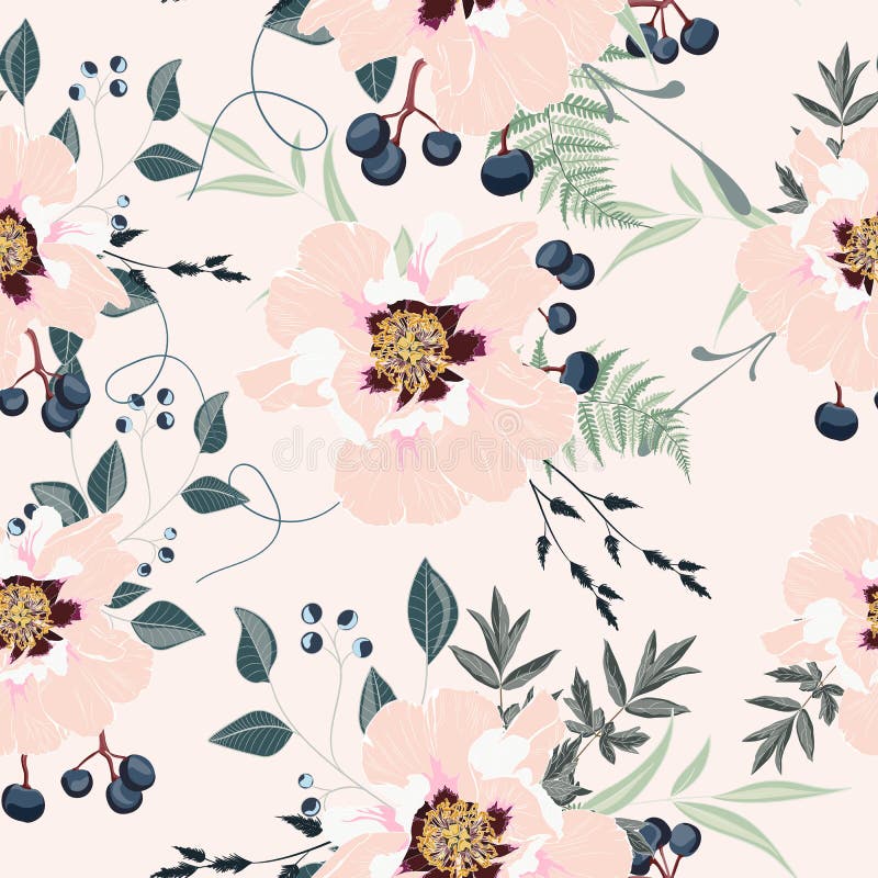 Blush pink bouquets on the apricot background. Seamless pattern with delicate flowers.