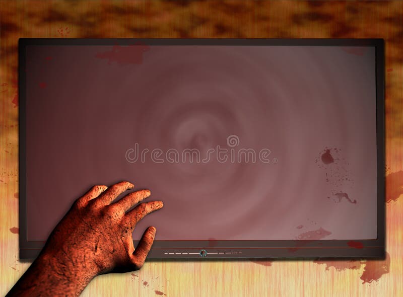 Horror theme template featuring a bloodstained television set and ghastly hand. Horror theme template featuring a bloodstained television set and ghastly hand