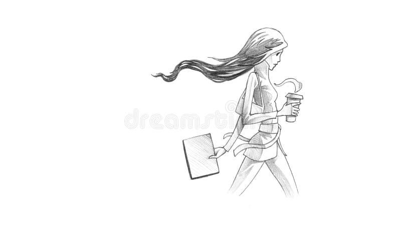 Blyertspennaillustration, dra av den unga kvinnan med hennes kaffe till vektor illustrationer Blyertspennaillustration, dra av den unga kvinnan med hennes kaffe till vektor illustrationer