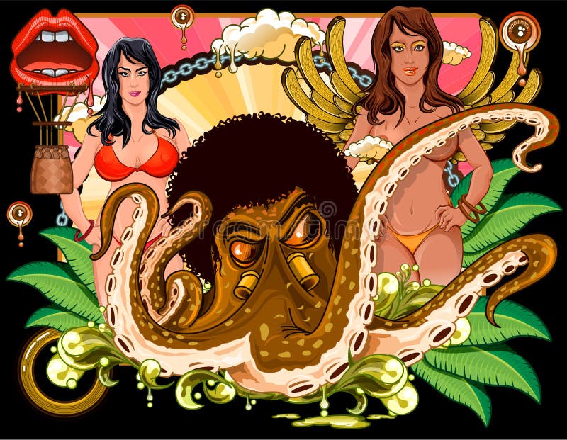 Bläckfisk med afro och flickor på baksida vektor illustrationer Bläckfisk med afro och flickor på baksida vektor illustrationer