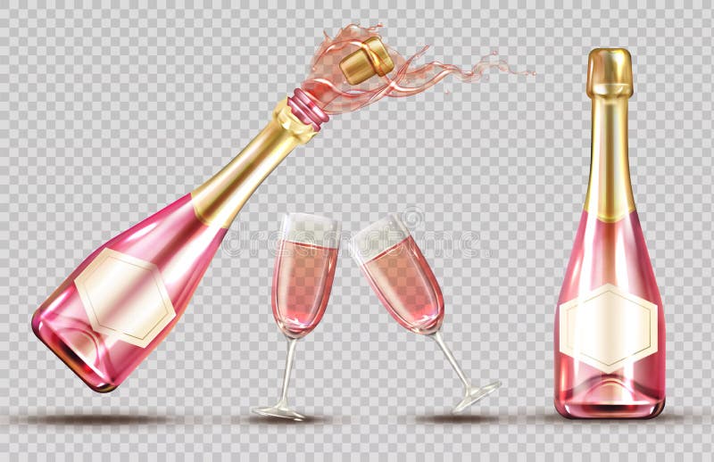 Bläckflaska med rosa champagneexplosioner och vineglasset