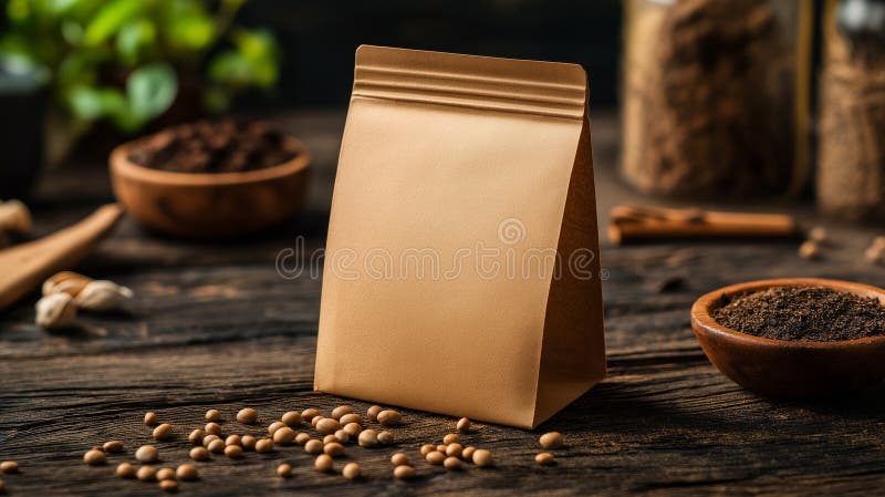 Bläckpapperspapper på ett träbord med spridd jord och utspridda fröer. Högkvalitativt mockup blankbrunt kraftpapperspapper på ett träbord med spridd jord och frömiljövänliga trädgårdsodlingsförpackningar AI-genererade