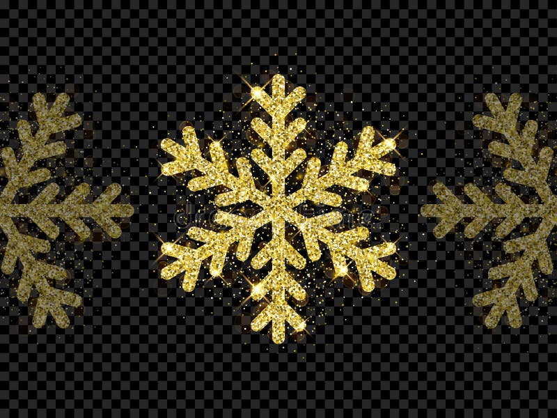 Blänker guld- blänka snöflingagarnering för jul av guld ljust sken på svart genomskinlig bakgrund Vektorn mousserar glöd stock illustrationer
