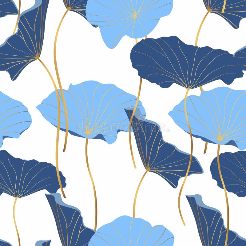 Blå abstrakt lotus lämnar enkla gyllene konst på vit bakgrund. stock illustrationer