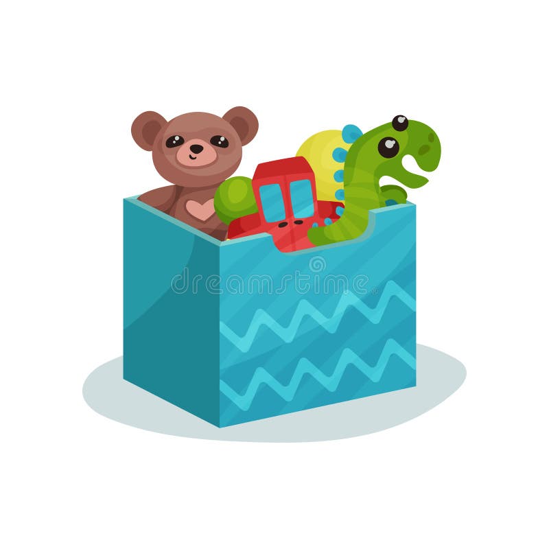 Blå ask mycket av barnleksaker Brun nallebjörn, grön dinosaurie, röd bil och gummibollar Plan vektorsymbol stock illustrationer Blå ask mycket av barnleksaker Brun nallebjörn, grön dinosaurie, röd bil och gummibollar Plan vektorsymbol stock illustrationer