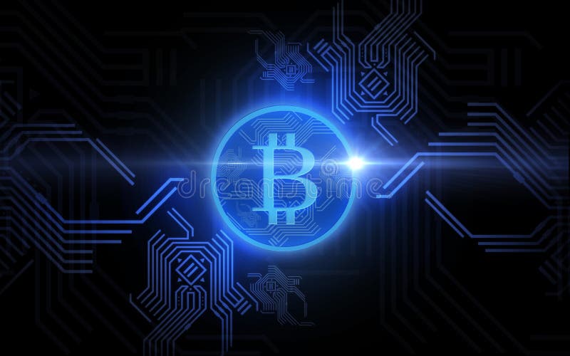 Blå bitcoinprojektion över svart bakgrund
