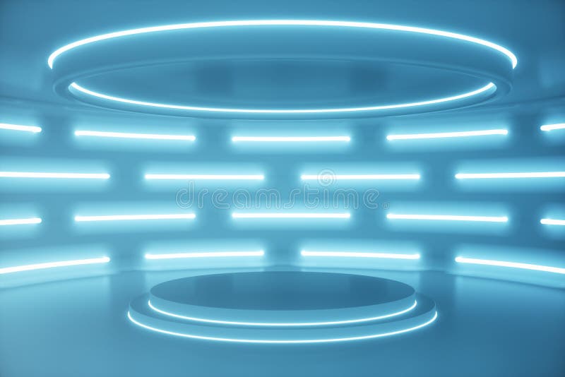 Blå futuristisk bakgrund för inre, science fictioninrebegrepp Tom inre med illustrationen för neonljus 3D
