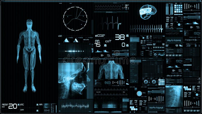 Blå futuristisk skärm för tålmodig bildskärm i perspektiv/medicinsk skärmmanöverenhet
