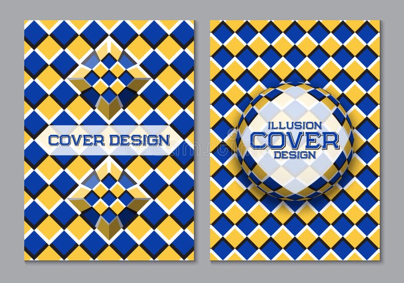 Blå gul mall för design för bokomslag för färgintrig med optiska rörelseillusionbeståndsdelar stock illustrationer Blå gul mall för design för bokomslag för färgintrig med optiska rörelseillusionbeståndsdelar stock illustrationer