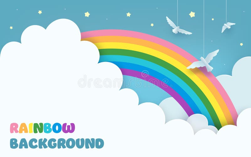 Blå himmelbakgrund med regnbåge, flygande stjärnor. minimal bildbakgrund i pappersformat stock illustrationer