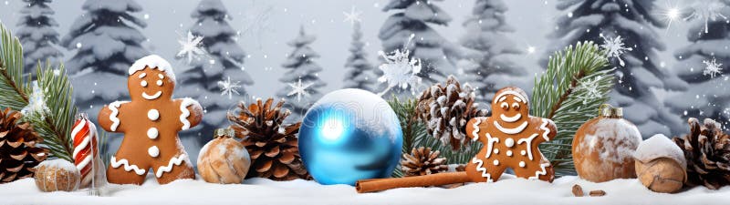 Blå julboll och gingerbrödbitar i rad med grisen. stock illustrationer