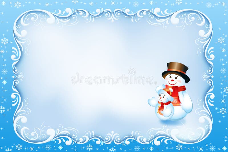 Blå julkort med den virvelramen och snögubben royaltyfri illustrationer Blå julkort med den virvelramen och snögubben royaltyfri illustrationer