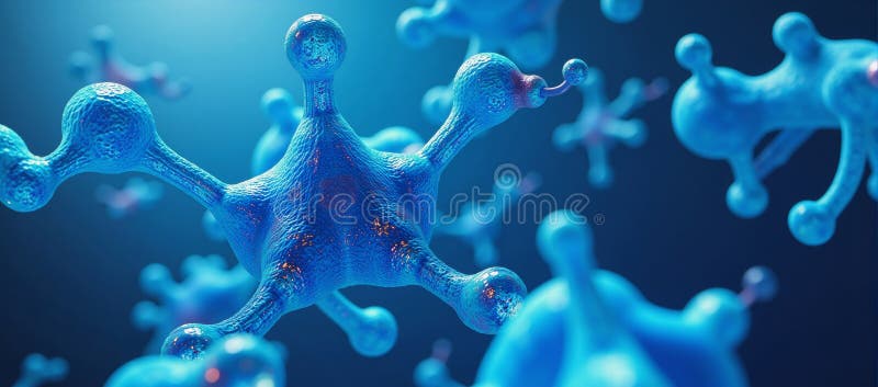 Blå molekylstruktur visualiserad i 3d som cellulär abstraktion vektor illustrationer
