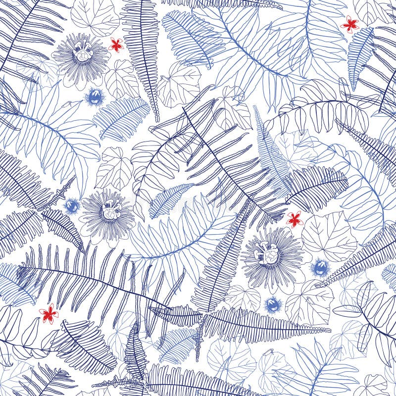 Blå och vit sömlös modell för vektor med ormbunkar, sidor och den lösa blomman Passande för textil, gåvasjal och tapet stock illustrationer Blå och vit sömlös modell för vektor med ormbunkar, sidor och den lösa blomman Passande för textil, gåvasjal och tapet stock illustrationer
