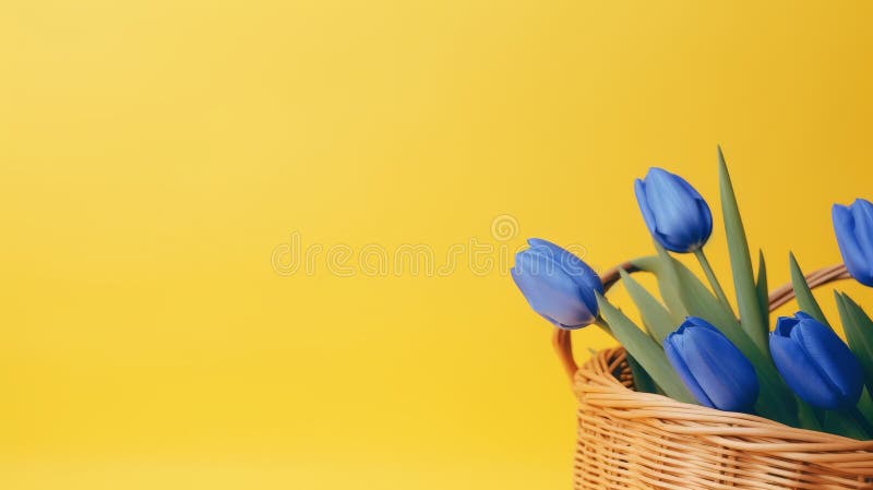 close-up Basket with blue tulips on a minimalist yellow background no text, no inscriptions, no advertising, --ar 16:9 --quality 0.5 --stylize 0 --v 5.2 Job ID: b584077c-d703-40db-909e-44ca604d04e6 AI generated. close-up Basket with blue tulips on a minimalist yellow background no text, no inscriptions, no advertising, --ar 16:9 --quality 0.5 --stylize 0 --v 5.2 Job ID: b584077c-d703-40db-909e-44ca604d04e6 AI generated