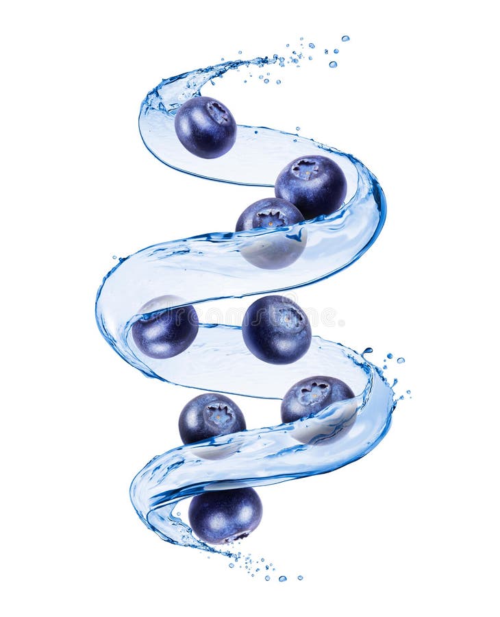 Blåbär med färgstänk av vatten i en virvlande runt form