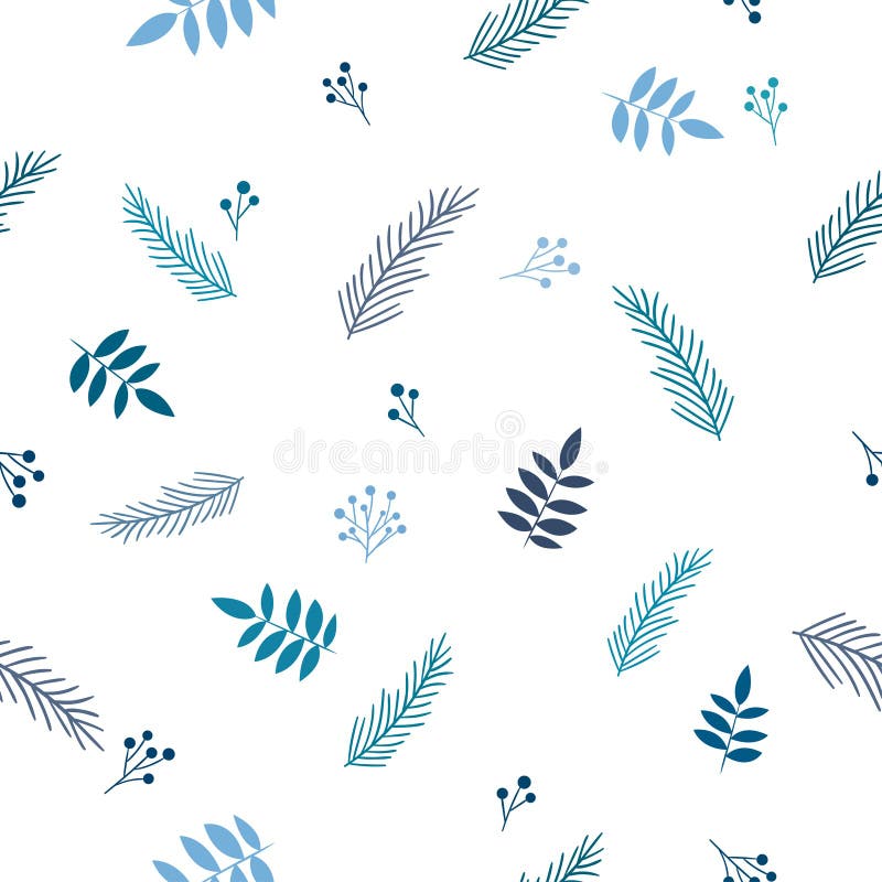 Blåfrysta och gröna frysta bladbär och fiberförgreningar på vit bakgrund. sömlöst dekorativt mönster med florering. stock illustrationer