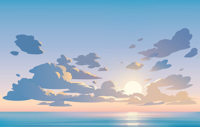 Blåhimmel och moln i vektorlandskapet Solnedgång Djurteckningens rena stil