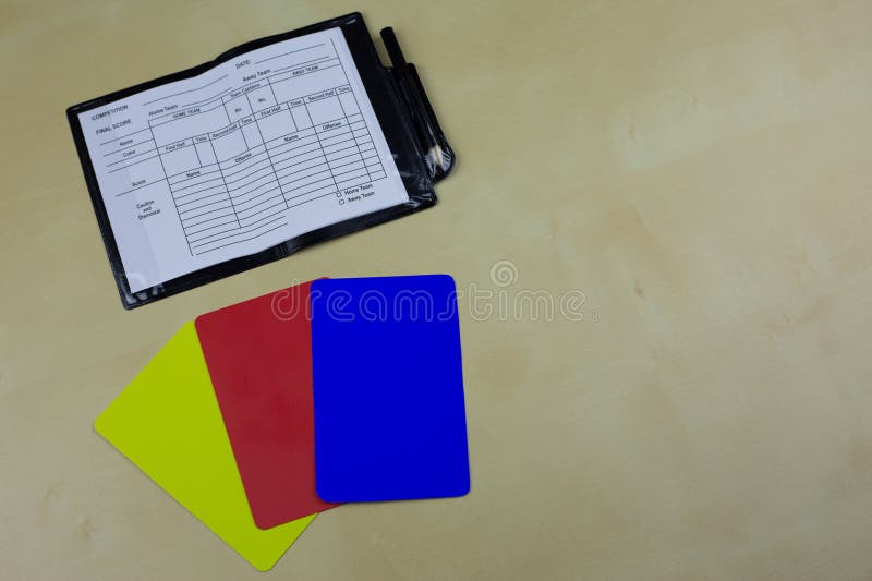 Set of referee cards for football with a new blue card due to changes in the rules of game, concept of blue card in football. Set of referee cards for football with a new blue card due to changes in the rules of game, concept of blue card in football