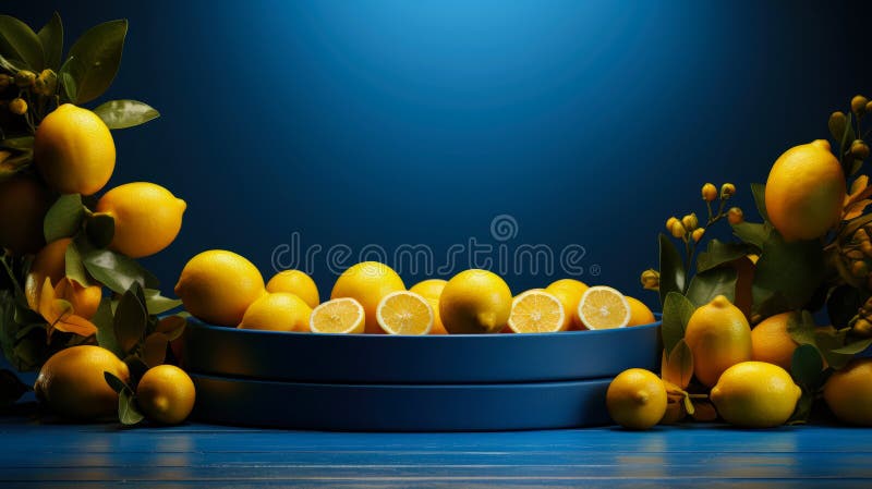 Blåpodium med färska citroner och gröna blad på sidmockup för produktpresentation. Minimalistisk scen på övertoningsbakgrund. royaltyfri illustrationer