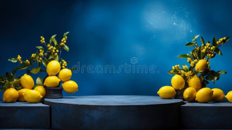 Blåpodium med färska citroner och gröna blad på sidmockup för produktpresentation. Minimalistisk scen på övertoningsbakgrund. stock illustrationer