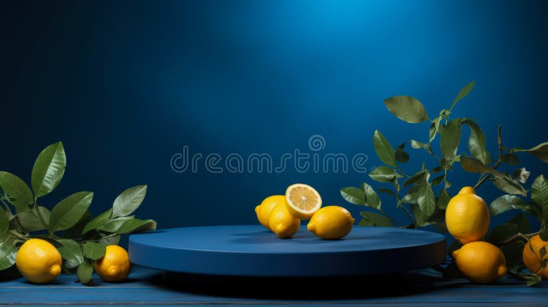 Blåpodium med färska citroner och gröna blad på sidmockup för produktpresentation. Minimalistisk scen på övertoningsbakgrund stock illustrationer