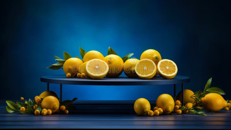 Blåpodium med färska citroner och gröna blad på sidmockup för produktpresentation. Minimalistisk scen på övertoningsbakgrund. royaltyfri illustrationer