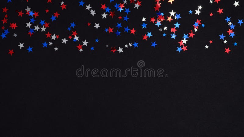 Blue red white confetti stars in USA national colors on dark background. Happy Independence Day banner template, 4th of July celebration concept. Blue red white confetti stars in USA national colors on dark background. Happy Independence Day banner template, 4th of July celebration concept